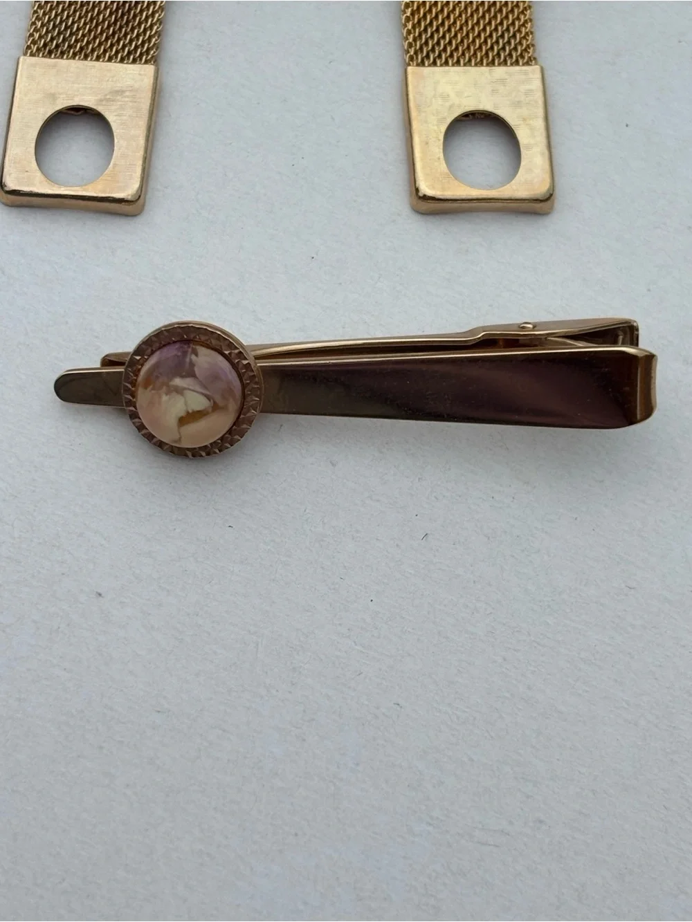 Vintage Gold Tone Mesh Wrap Cufflinks & Matching Tie Clip Set Pressed Flower Luc